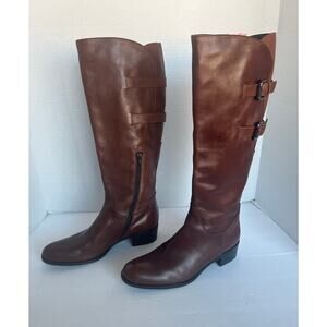 Sesto Meucci Brown Leather Knee High Riding Made In Italy Block Heel Boots 8.5M